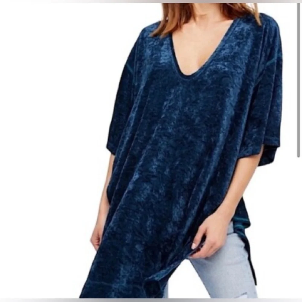 FP We The Free Jewel Blue Crushed Velvet V-Neck High Low Tunic Dress -Sz Small - Picture 1 of 8